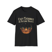 Load image into Gallery viewer, Cozy Evenings T-Shirt, Fall Fashion, Unisex Tee, Campfire Shirt, Gift for Nature Lovers, Casual Fall Wear
