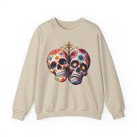 Load image into Gallery viewer, Triumph and Tragedy, Sugar Skulls, Calavera Crewneck, Day of the Dead Pullover, Halloween Graphic Tee, Gothic Wedding Anniversary Gift