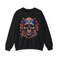 Load image into Gallery viewer, Cosmic Sugar Skull Sweatshirt, Galaxy Calavera Crewneck, Day of the Dead Rose Pullover, Psychedelic Tee, Vibrant Halloween Flower Gift