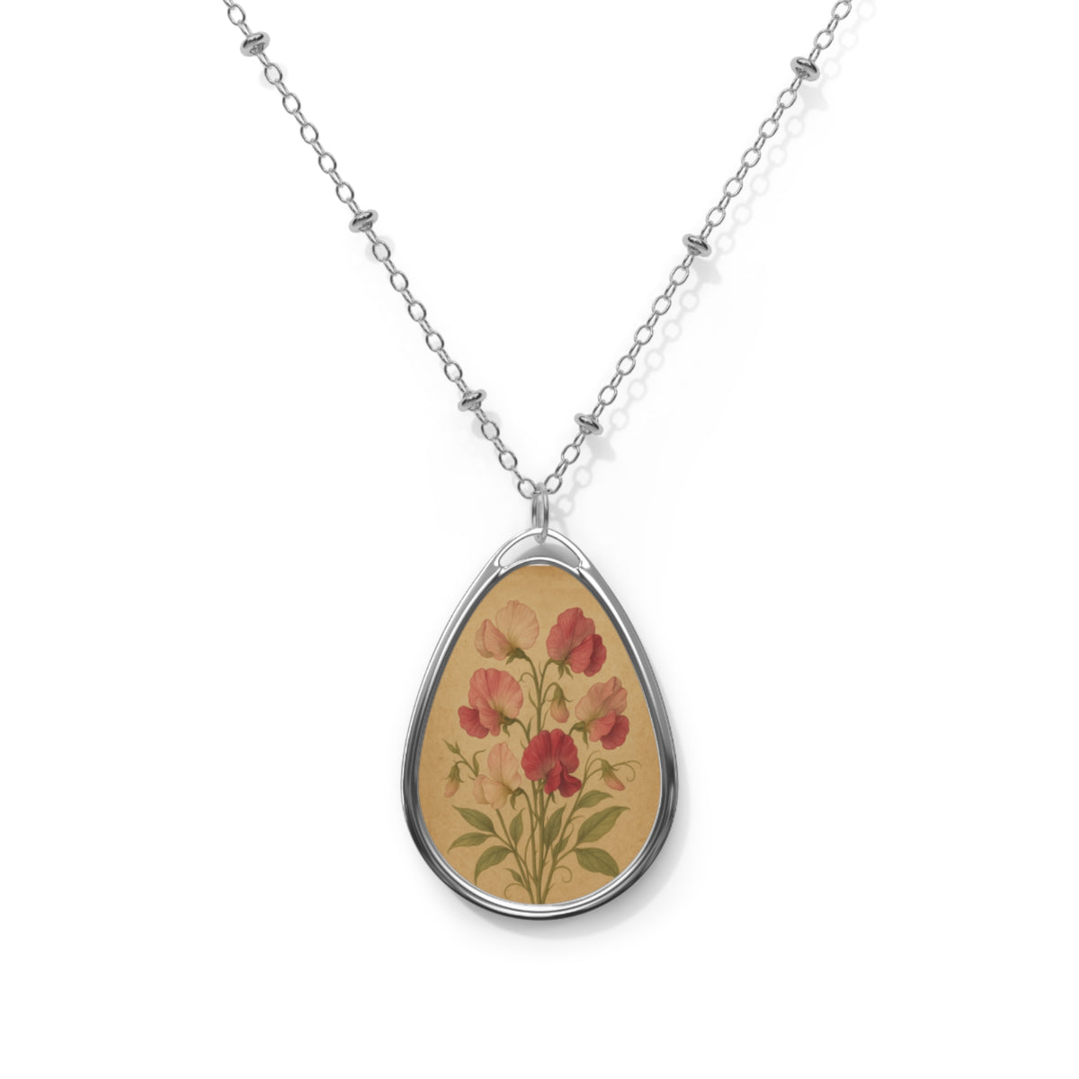 Sweet Pea -  Oval Necklace | Teardrop Pendant with Red Flowers