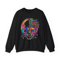 Load image into Gallery viewer, Neon Rainbow Skull Sweatshirt, Checkered Goth Crewneck, Cyberpunk Pullover, Day of the Dead Graphic Tee, Rave Aesthetic Clothing