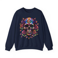 Load image into Gallery viewer, Cosmic Sugar Skull Sweatshirt, Galaxy Calavera Crewneck, Day of the Dead Rose Pullover, Psychedelic Tee, Vibrant Halloween Flower Gift