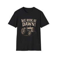 Load image into Gallery viewer, Vintage Tractor Graphic Tee - WE RIDE AT DAWN! Unisex T-Shirt, Gift for Farmers, Country Style, Casual Wear, Farm Shirt