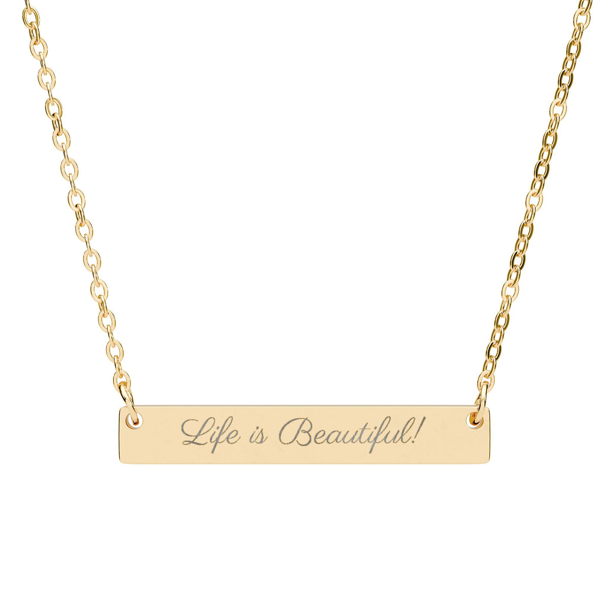 Engraved Horizontal Bar Necklace — "Life is Beautiful" Pendant