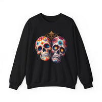 Load image into Gallery viewer, Triumph and Tragedy, Sugar Skulls, Calavera Crewneck, Day of the Dead Pullover, Halloween Graphic Tee, Gothic Wedding Anniversary Gift