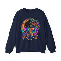 Load image into Gallery viewer, Neon Rainbow Skull Sweatshirt, Checkered Goth Crewneck, Cyberpunk Pullover, Day of the Dead Graphic Tee, Rave Aesthetic Clothing