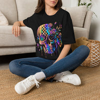 Load image into Gallery viewer, Psychedelic Floral Skull T-Shirt — Colorful Checkerboard Day of the Dead Tee
