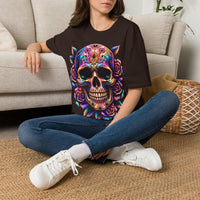 Load image into Gallery viewer, Cosmic Mandala Sugar Skull Shirt - Neon Rose Skeleton Tee - Vintage Unisex Day of the Dead T-Shirt - Back to School Halloween Top