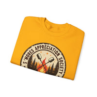 Load image into Gallery viewer, S'mores Appreciation Society Crewneck Sweatshirt, Roast, Relax, Repeat Camping Graphic