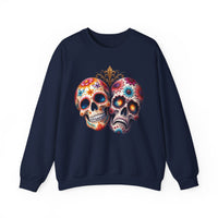 Load image into Gallery viewer, Triumph and Tragedy, Sugar Skulls, Calavera Crewneck, Day of the Dead Pullover, Halloween Graphic Tee, Gothic Wedding Anniversary Gift