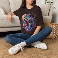 Load image into Gallery viewer, Psychedelic Floral Skull T-Shirt — Colorful Checkerboard Day of the Dead Tee
