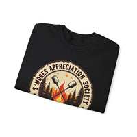 Load image into Gallery viewer, S'mores Appreciation Society Crewneck Sweatshirt, Roast, Relax, Repeat Camping Graphic