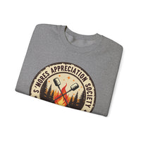 Load image into Gallery viewer, S'mores Appreciation Society Crewneck Sweatshirt, Roast, Relax, Repeat Camping Graphic