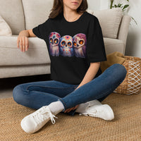 Load image into Gallery viewer, Sugar Skull Owls, Day of the Dead, Calavera Shirt, Mystical Halloween Graphic Tee, Dia de los Muertos Gift