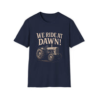 Load image into Gallery viewer, Vintage Tractor Graphic Tee - WE RIDE AT DAWN! Unisex T-Shirt, Gift for Farmers, Country Style, Casual Wear, Farm Shirt