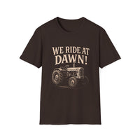 Load image into Gallery viewer, Vintage Tractor Graphic Tee - WE RIDE AT DAWN! Unisex T-Shirt, Gift for Farmers, Country Style, Casual Wear, Farm Shirt