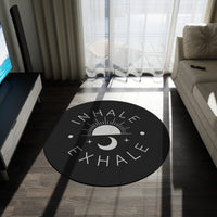 Load image into Gallery viewer, Inhale Exhale Round Rug — Black Meditation Yoga Rug with Sun &amp; Moon Design