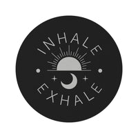 Load image into Gallery viewer, Inhale Exhale Round Rug — Black Meditation Yoga Rug with Sun &amp; Moon Design
