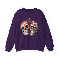 Load image into Gallery viewer, Triumph and Tragedy, Sugar Skulls, Calavera Crewneck, Day of the Dead Pullover, Halloween Graphic Tee, Gothic Wedding Anniversary Gift