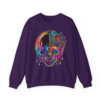 Load image into Gallery viewer, Neon Rainbow Skull Sweatshirt, Checkered Goth Crewneck, Cyberpunk Pullover, Day of the Dead Graphic Tee, Rave Aesthetic Clothing