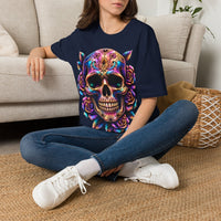 Load image into Gallery viewer, Cosmic Mandala Sugar Skull Shirt - Neon Rose Skeleton Tee - Vintage Unisex Day of the Dead T-Shirt - Back to School Halloween Top
