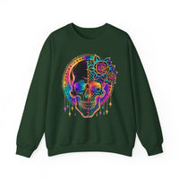 Load image into Gallery viewer, Neon Rainbow Skull Sweatshirt, Checkered Goth Crewneck, Cyberpunk Pullover, Day of the Dead Graphic Tee, Rave Aesthetic Clothing