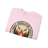 Load image into Gallery viewer, S'mores Appreciation Society Crewneck Sweatshirt, Roast, Relax, Repeat Camping Graphic