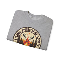 Load image into Gallery viewer, S'mores Appreciation Society Crewneck Sweatshirt, Roast, Relax, Repeat Camping Graphic