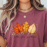 Load image into Gallery viewer, Comfort Colors Fall Leaves Shirt, Gather Glow Give Thanks Tee, Watercolor Autumn Leaf T-Shirt, Thanksgiving Graphic Tee, Sage Green Cozy Fall Gift for Her, Aesthetic Botanical Harvest Tee
