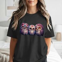 Load image into Gallery viewer, Sugar Skull Owls, Day of the Dead, Calavera Shirt, Mystical Halloween Graphic Tee, Dia de los Muertos Gift