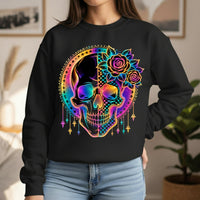Load image into Gallery viewer, Neon Rainbow Skull Sweatshirt, Checkered Goth Crewneck, Cyberpunk Pullover, Day of the Dead Graphic Tee, Rave Aesthetic Clothing