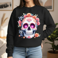 Load image into Gallery viewer, Sugar Skull Raccoon Sweatshirt, Floral Calavera Crewneck, Day of the Dead Pullover, Spooky Cute Animal Graphic Tee, Gothic Flower Crown Gift