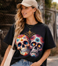 Load image into Gallery viewer, Triumph and Tragedy Sugar Skulls - Day of the Dead Floral Skull Tee