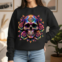 Load image into Gallery viewer, Cosmic Sugar Skull Sweatshirt, Galaxy Calavera Crewneck, Day of the Dead Rose Pullover, Psychedelic Tee, Vibrant Halloween Flower Gift