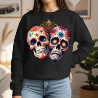 Load image into Gallery viewer, Triumph and Tragedy, Sugar Skulls, Calavera Crewneck, Day of the Dead Pullover, Halloween Graphic Tee, Gothic Wedding Anniversary Gift