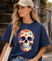 Load image into Gallery viewer, Colorful Sugar Skull T-Shirt | Day of the Dead Floral Skull Tee