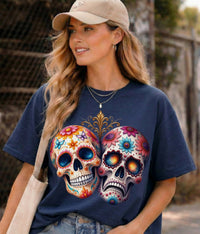 Load image into Gallery viewer, Triumph and Tragedy Sugar Skulls - Day of the Dead Floral Skull Tee