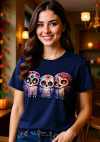 Load image into Gallery viewer, Sugar Skull Owls, Day of the Dead, Calavera Shirt, Mystical Halloween Graphic Tee, Dia de los Muertos Gift