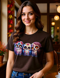 Load image into Gallery viewer, Sugar Skull Owls, Day of the Dead, Calavera Shirt, Mystical Halloween Graphic Tee, Dia de los Muertos Gift