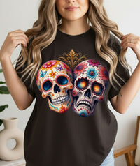 Load image into Gallery viewer, Triumph and Tragedy Sugar Skulls - Day of the Dead Floral Skull Tee