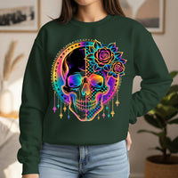 Load image into Gallery viewer, Neon Rainbow Skull Sweatshirt, Checkered Goth Crewneck, Cyberpunk Pullover, Day of the Dead Graphic Tee, Rave Aesthetic Clothing