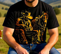 Load image into Gallery viewer, Retro Cowboy and Horse Shirt - Gold Western Graphic Tee - 80s Unisex Country T-Shirt - Edgy Back to School Streetwear Clothes