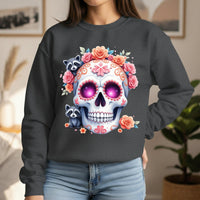 Load image into Gallery viewer, Sugar Skull Raccoon Sweatshirt, Floral Calavera Crewneck, Day of the Dead Pullover, Spooky Cute Animal Graphic Tee, Gothic Flower Crown Gift