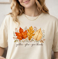 Load image into Gallery viewer, Comfort Colors Fall Leaves Shirt, Gather Glow Give Thanks Tee, Watercolor Autumn Leaf T-Shirt, Thanksgiving Graphic Tee, Sage Green Cozy Fall Gift for Her, Aesthetic Botanical Harvest Tee