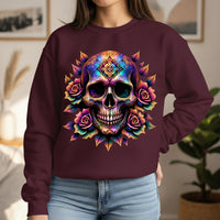 Load image into Gallery viewer, Cosmic Sugar Skull Sweatshirt, Galaxy Calavera Crewneck, Day of the Dead Rose Pullover, Psychedelic Tee, Vibrant Halloween Flower Gift
