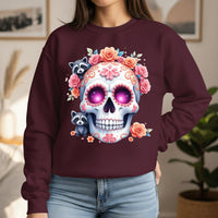 Load image into Gallery viewer, Sugar Skull Raccoon Sweatshirt, Floral Calavera Crewneck, Day of the Dead Pullover, Spooky Cute Animal Graphic Tee, Gothic Flower Crown Gift