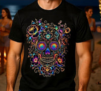 Load image into Gallery viewer, Intricate Lace Sugar Skull Shirt - Neon Filigree Floral Skeleton Tee - Retro Unisex Day of the Dead T-Shirt - Back to School Goth Clothing