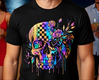 Load image into Gallery viewer, Psychedelic Floral Skull T-Shirt — Colorful Checkerboard Day of the Dead Tee