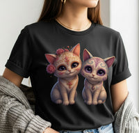 Load image into Gallery viewer, Sugar Skull Cats Black T-Shirt, Day of the Dead Kitten Tee, Cute Calavera Cat Shirt, Halloween Cat Graphic Tee, Dia de los Muertos Gift