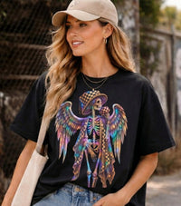 Load image into Gallery viewer, Goth Angel Skeleton Shirt - Neon Winged Sugar Skull Tee - Retro Unisex Streetwear T-Shirt - Back to School Alt Whimsigoth Top